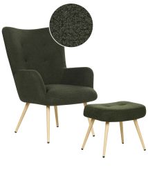 Boucle Wingback Chair with Footstool Dark Green VEJLE II