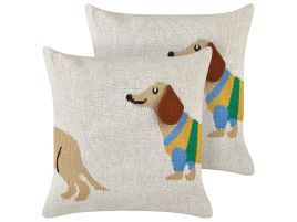 Set of 2 Cotton Kids Cushions Dachshund Motif 45x45cm Beige