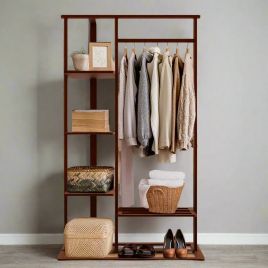 WESTORA Clothes Rack Solid Open Wardrobe Stand with Shelves and Hanging Rail - Natural