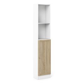 WRAYNE Tall Narrow Bookcase Combination Storage Cabinet with 4 Shelves and Glass Door - White with Oak