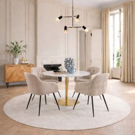 TRENTON Round White Marble Top and Gold Base Dining Table with 4 Brooke Armchairs - Monza Beige