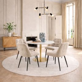 TRENTON Round White Marble Top and Gold Base Dining Table with 4 Brooke Chairs - Beige