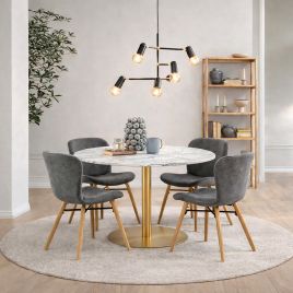 TRENTON Round White Marble Top and Gold Base Dining Table with 4 Batilda Chairs - Grey with Oak