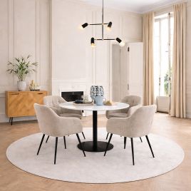 TRENTON Round White Marble Top and Black Base Dining Table with 4 Brooke Armchairs - Monza Beige
