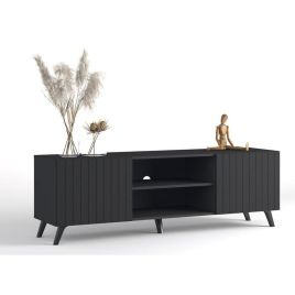 Alan Vertical Grooved Lines Large TV Unit Stand with 2 Doors - Matte Black