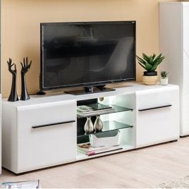 Kaspars Large 2 Doors Tv Cabinet with 2 Glass Shelves - White High Gloss Fronts Matt White Sides And Top