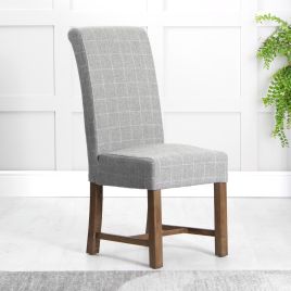 RITARO Wool Scroll Oak Dining Chair Set of 2 - Check Pattern Grey