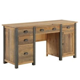Doyle Rustic Cross Design Frame Computer Desk with 3 Drawer and Door - Natural Wood