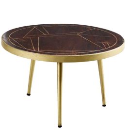 Georgina Abstract Style Gold Frame Round Coffee Table - Walnut Finish