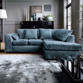 Corner Sofa - HENRY Crushed Chenille Fabric 4 Seater L-Shaped Sofa Right Hand Facing - Dark Blue