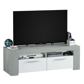 Kenneth Sleek Design TV Cabinet Entertainment Unit - White Soft Gloss and Concrete Grey