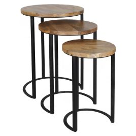 Tracey Industrial Iron Round Nesting Tables - Light Wood Tone