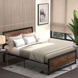 Metal Frame Bedstead Base Double Size Bed with Headboard and Footboard - Black & Rustic Brown