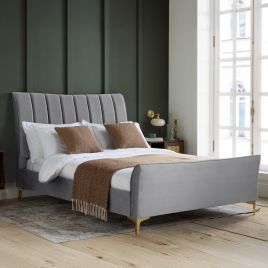 Clover Modern Design Grey Velvet Gold Feets Bed - Standard Double 4ft6