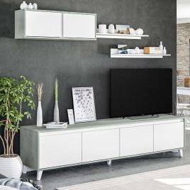 Concrete Grey and White TV Cabinet with Wall-Mounted Cupboards and Shelf