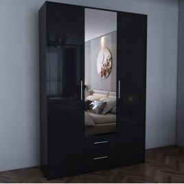 Wardrobe - WINSTEAD 3 Door Mirrored Wardrobe Black 135cm