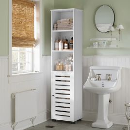 Tall Bathroom Cabinet - MARDA Floor Storage with 3 Open Compartments and Adjustable Shelves - White