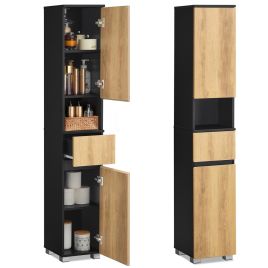 ASNYBU Tall Bathroom Storage Cabinet - Ink Black and Natural Brown