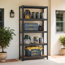 Shelving Unit - FIORIA 5 Tier Steel Storage - Rustic Brown and Black