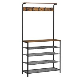 BEDYDY Hall Tree with Shoe Storage - Rustic Brown and Black