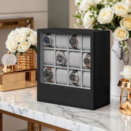 Watch Box - VERRIA 12 Slots Wooden Organizer with Glass Window - Black