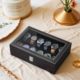 Watch Box - VERRIA 12 Slot Organizer Lockable Case with Glass Lid and Drawer - Black