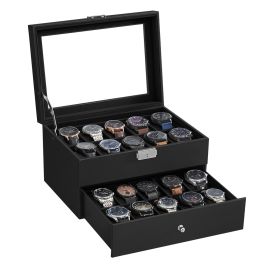 BRGEXO 2 Tier Watch Box with Glass Lid - Black Synthetic Leather