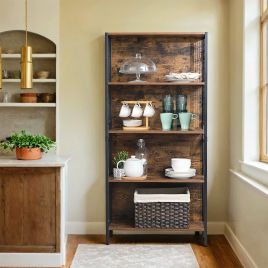 Bookshelf - VERRA 4 Tier Office Storage Shelf with Hooks - Dark Brown Black