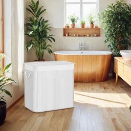 Laundry Basket - VERRA 3-Section Bamboo Hamper with Lid 150L - White