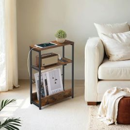 Side Table - VERRA Charging Station 3 Tier Narrow End Table with Magazine Rack - Brown