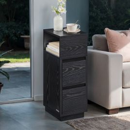 Side Table - VERRA Narrow Slim End Table with 2 Drawers and 1 Open Compartment - Black