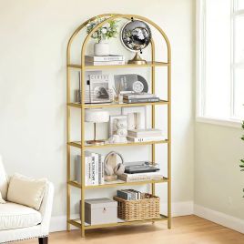 Storage Rack - VERRA 5 Tier Glass Display Bookcase with Steel Frame 40cm - Gold