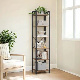 Bookshelf - VERRA 6 Tier Tall Narrow Bookcase with Steel Frame - Medium Wood