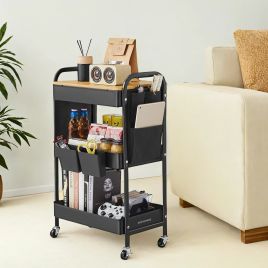 GRFIGY 3 Tier Rolling Storage Trolley with Table Top - Black
