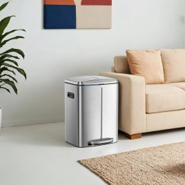 Kitchen Bin - VERRA 40L Double Rubbish Bin with Soft-Close Lid and Plastic Bucket - Silver