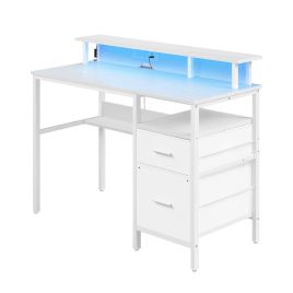 MOORCREST Office Computer Desk with Moniter Stand and LED Lighting - White