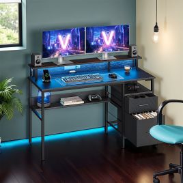 Gaming Desk - VERRA Computer Desk with LED Lights, Power Outlets, Monitor Shelf - White