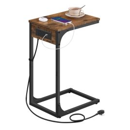 DEXUBI C-Shaped Side Table with Charging Station - Rustic Brown