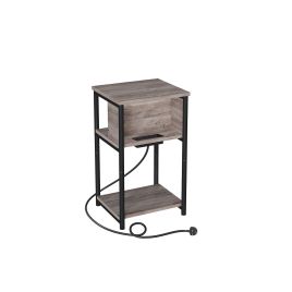 Side Table - VIVNIA Slim Side Table with Charging Station and Storage - Heather Greige and Black