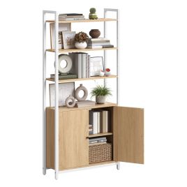METITI 6 Tier Bookcase with Door - Golden Oak and Matte White