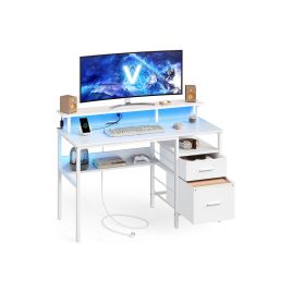 Computer Desk - FINLIA Study Desk with Fabric Drawers, Monitor Stand, LED Lighting - Maple White