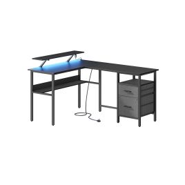 Computer Desk - FINLIA L-Shaped with Power Outlet - Ebony Black