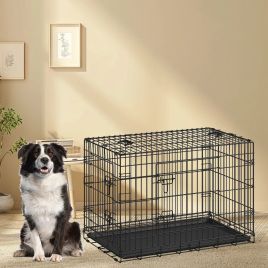 Dog Crate - MARRAE XXL Foldable Metal Kennel with Removable Tray - Black