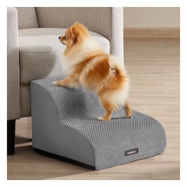 ROMOMY 2-Step Waffle Corduroy Dog Stairs for Bed - Dove Grey