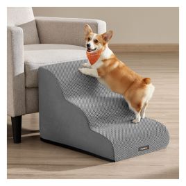 RONOPI 3-Step Waffle Corduroy Dog Stairs for Bed - Dove Grey