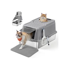 Cat Litter Box - SERZA Stainless Steel XL Flip Lid for Cats up to 15 kg - Dove Grey