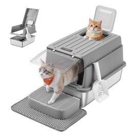 ROTIMA Stainless Steel Cat Litter Box with Flip Lid - Dove Grey
