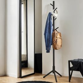 Coat Rack - ZARNIA Standing Solid Wood Tree-Shaped with 8 Hooks 3 Height Option - Black