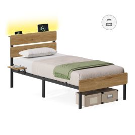 SIVURO Single Metal Bed Frame with LED Lights and Storage - Natural Brown - 90 x 190 cm