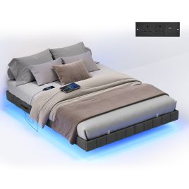 STKAFA Double Floating Bed Frame with LED Lights - Slate Grey